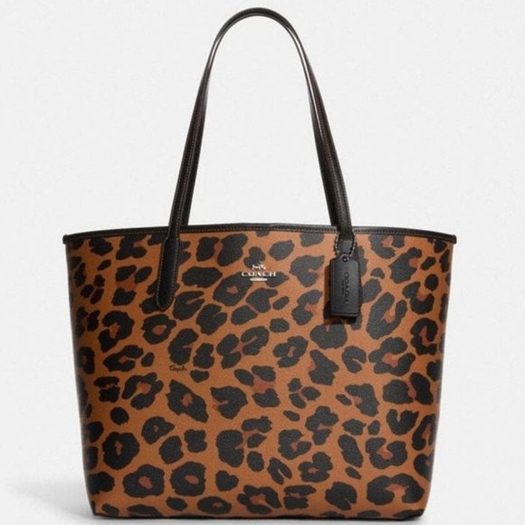 COACH City Tote With Leopard Print And Signature Canvas Interior - Picture 2 of 5